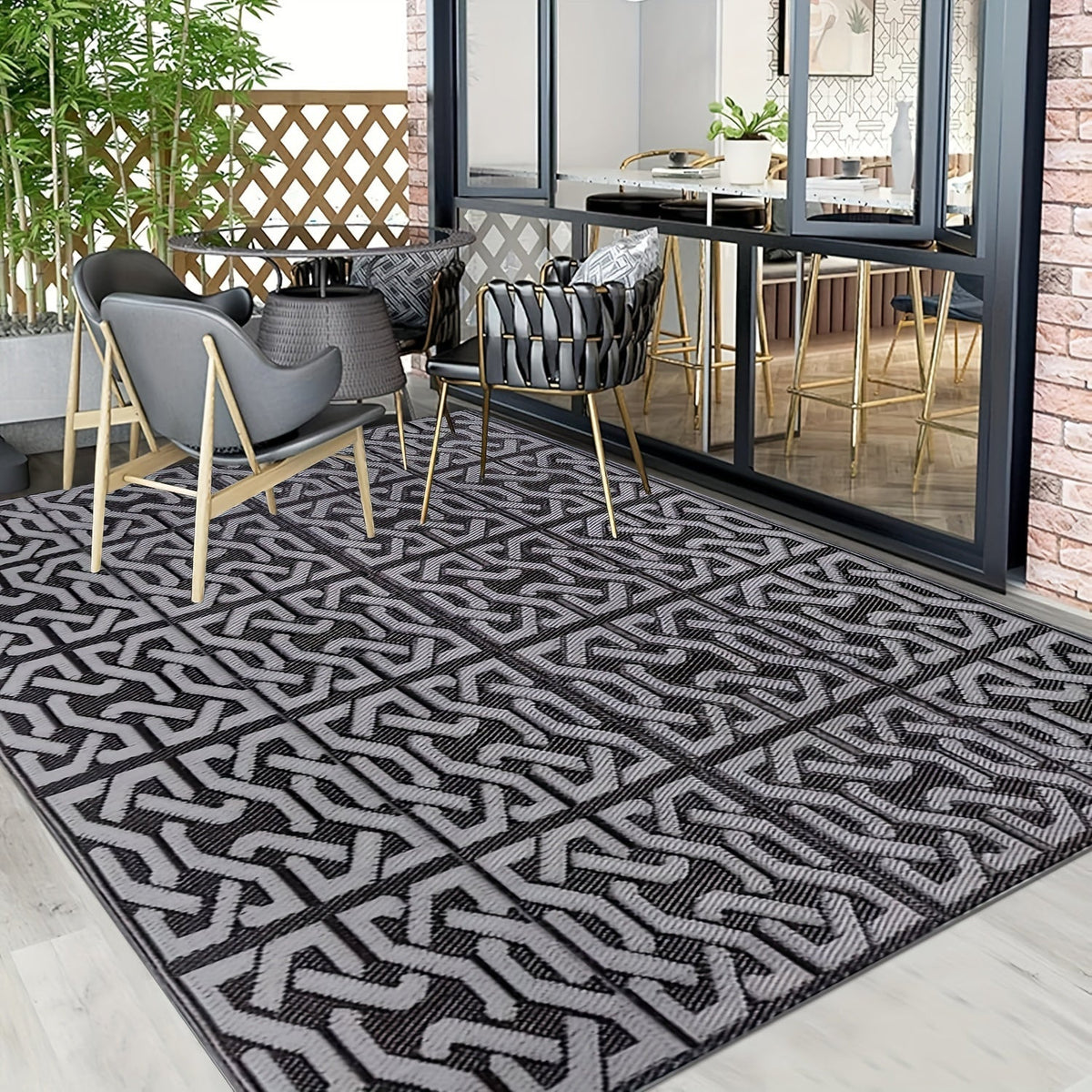 Reversible Black & Grey Modern Outdoor Patio Rug