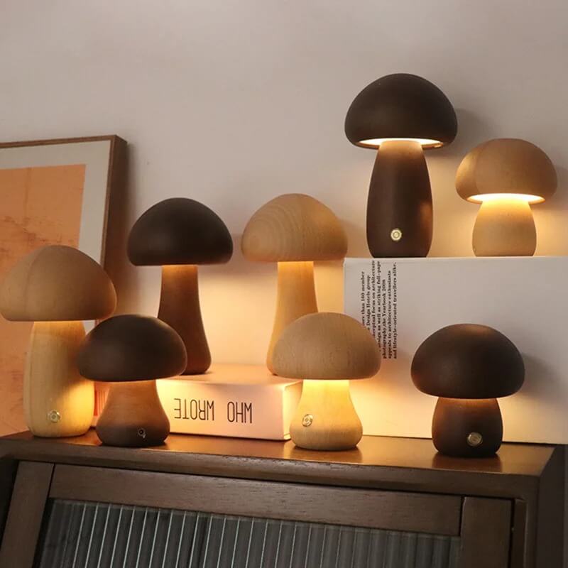 Portobello Mushroom Lamp | Elegant Natural Wood Rechargeable LED Night Light