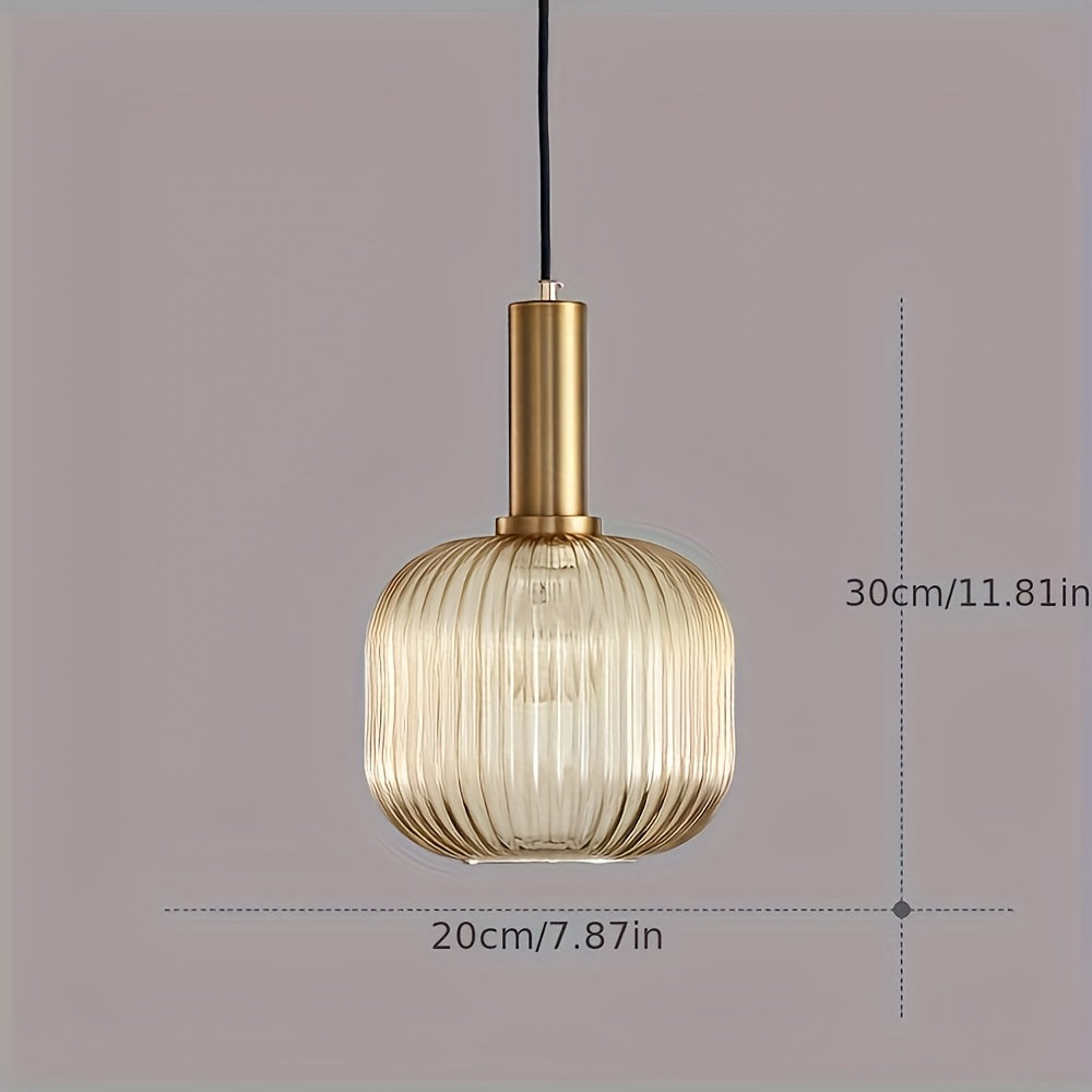 Modern Brass Striped Glass Pendant Light with Ribbed Shade