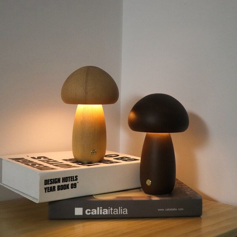 Portobello Mushroom Lamp | Elegant Natural Wood Rechargeable LED Night Light
