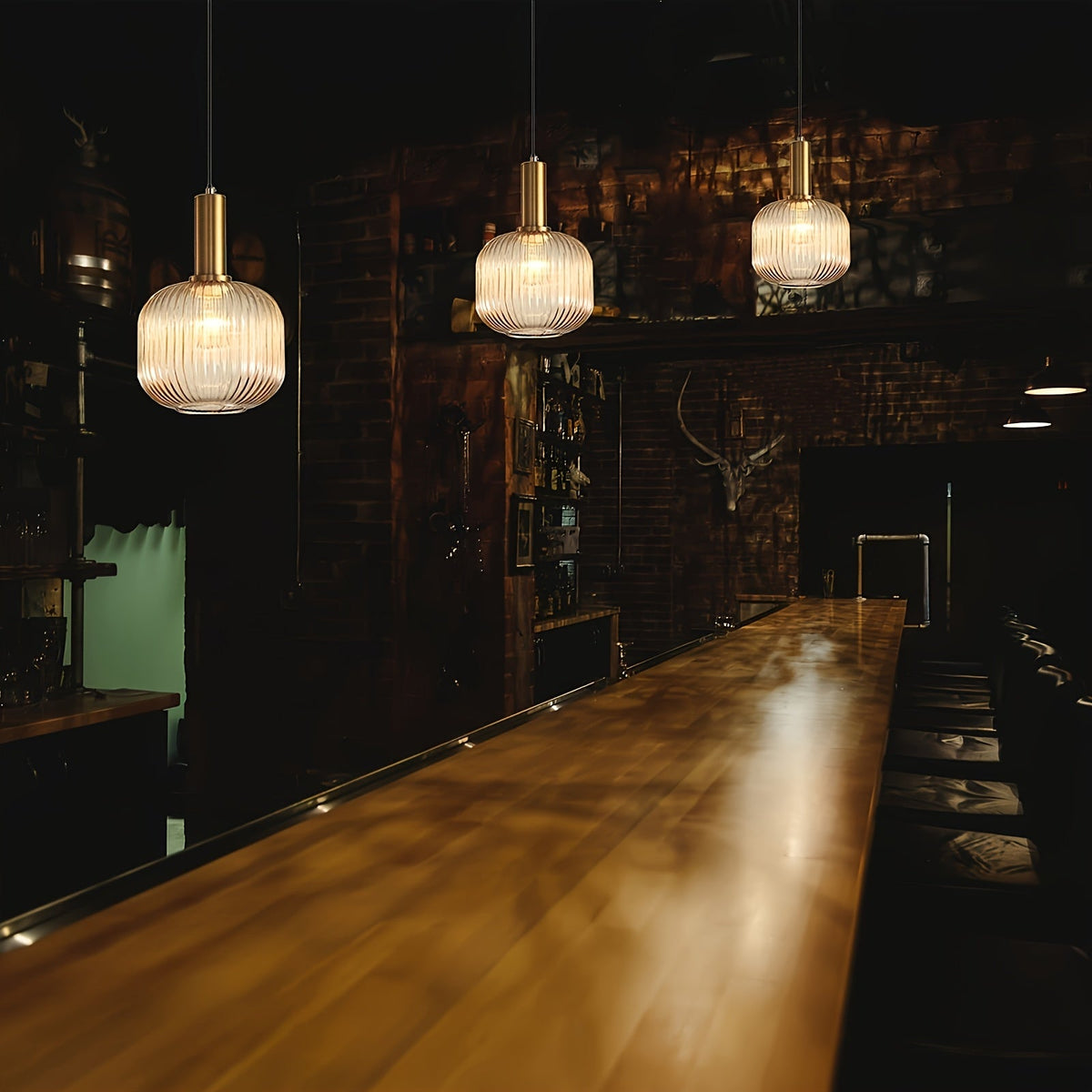 Modern Brass Striped Glass Pendant Light with Ribbed Shade