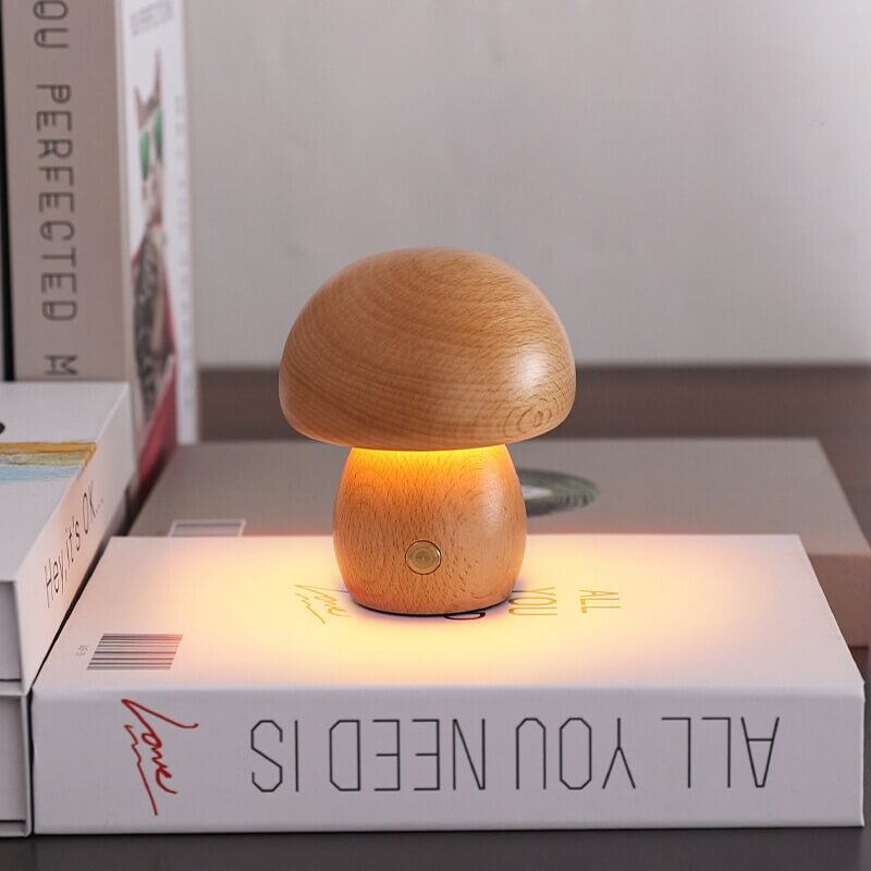 Portobello Mushroom Lamp | Elegant Natural Wood Rechargeable LED Night Light