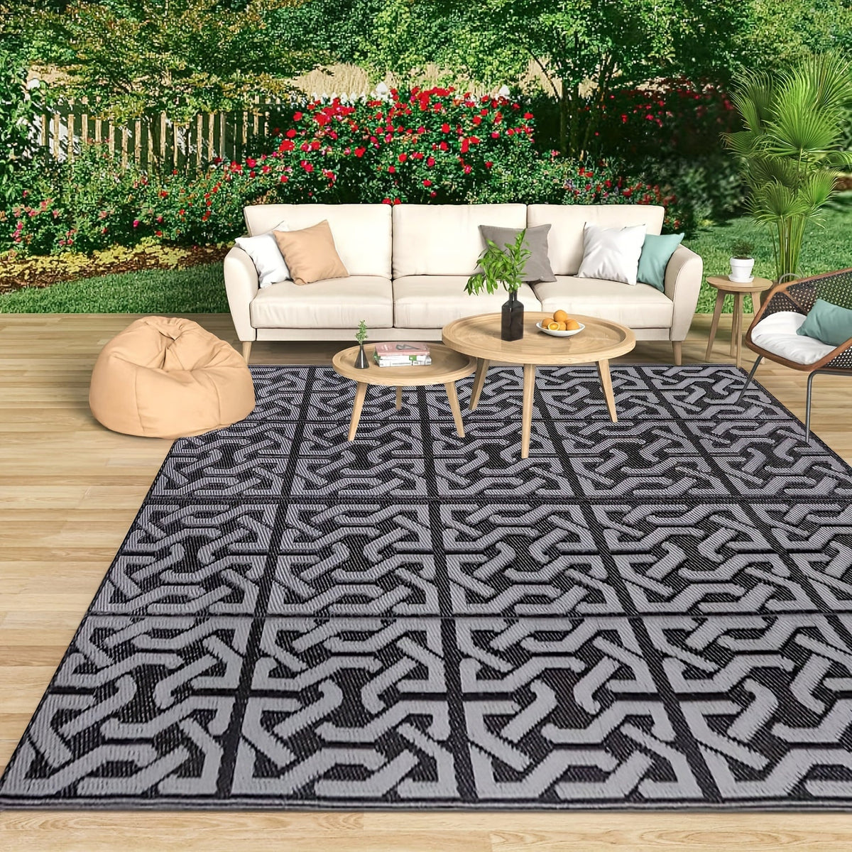 Reversible Black & Grey Modern Outdoor Patio Rug