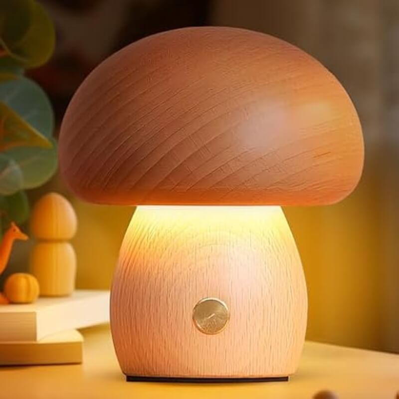 Portobello Mushroom Lamp | Elegant Natural Wood Rechargeable LED Night Light