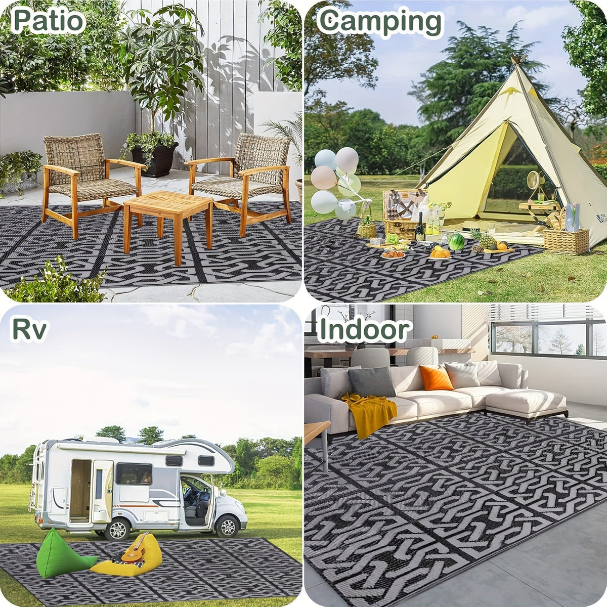Reversible Black & Grey Modern Outdoor Patio Rug