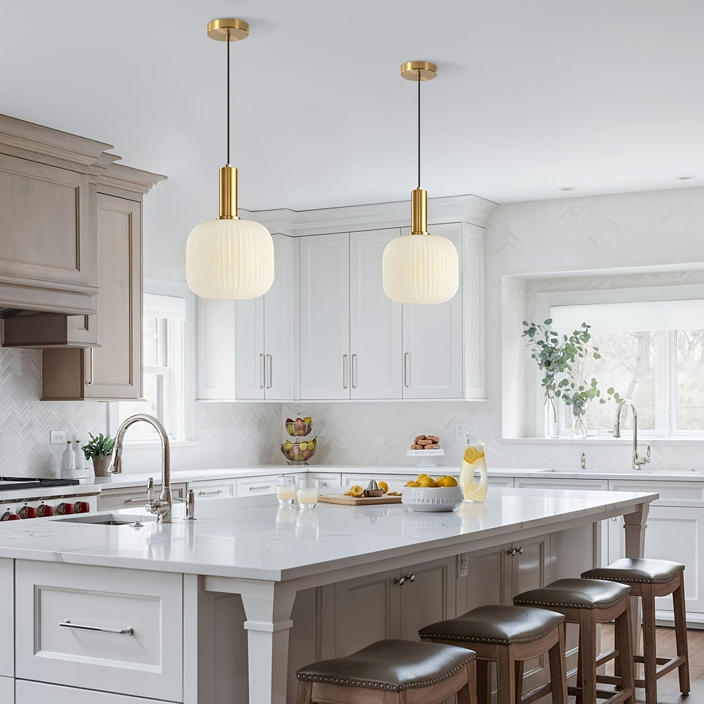 Modern Brass Striped Glass Pendant Light with Ribbed Shade