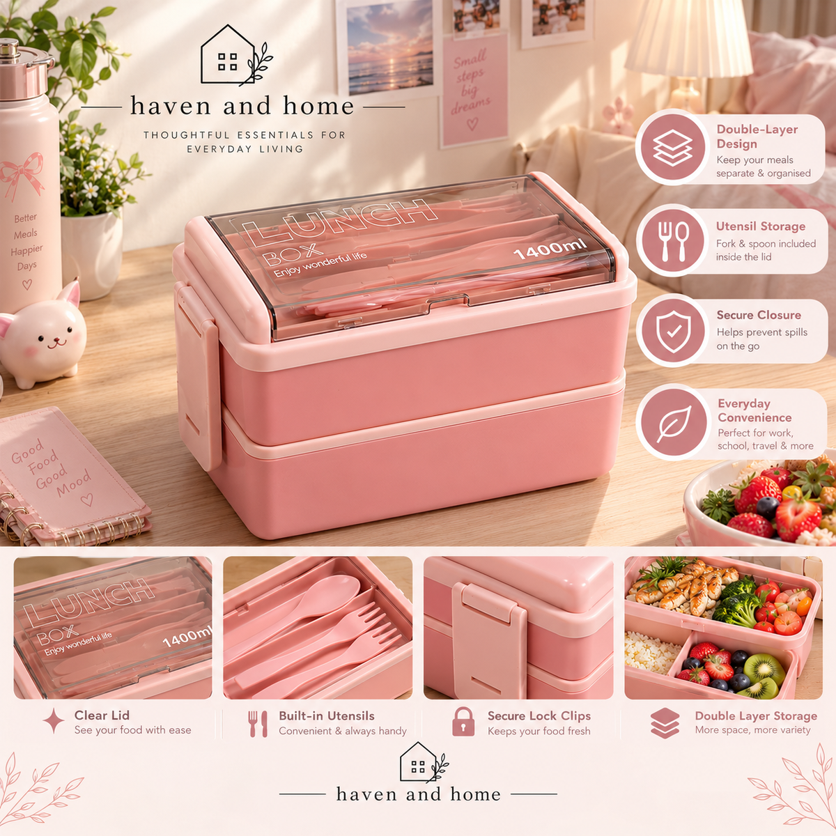 Haven & Home 1400ml Double-Layer Bento Lunch Box | Portable Meal Organizer