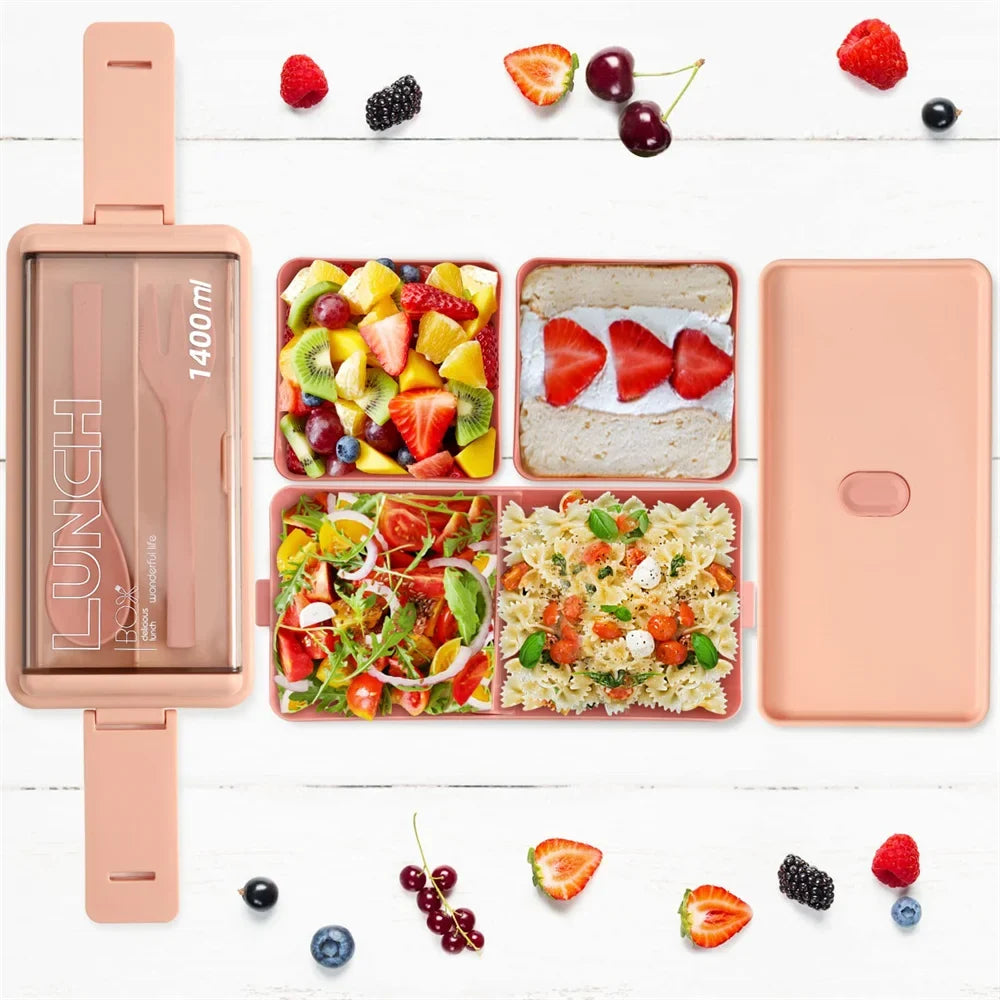 1400ml Double-Layer Bento Lunch Box with Fork & Spoon – Portable, Microwave-Safe Food Container for Kids & Adults