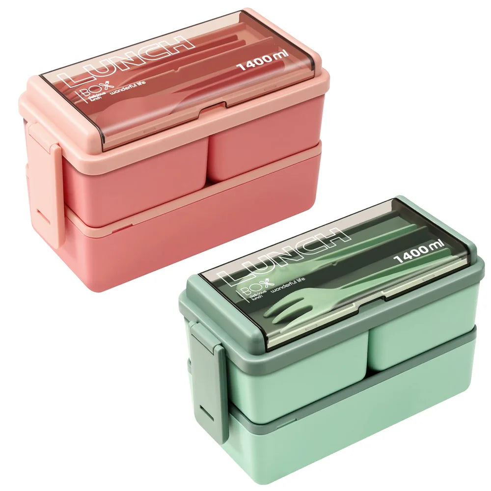 1400ml Double-Layer Bento Lunch Box with Fork & Spoon – Portable, Microwave-Safe Food Container for Kids & Adults