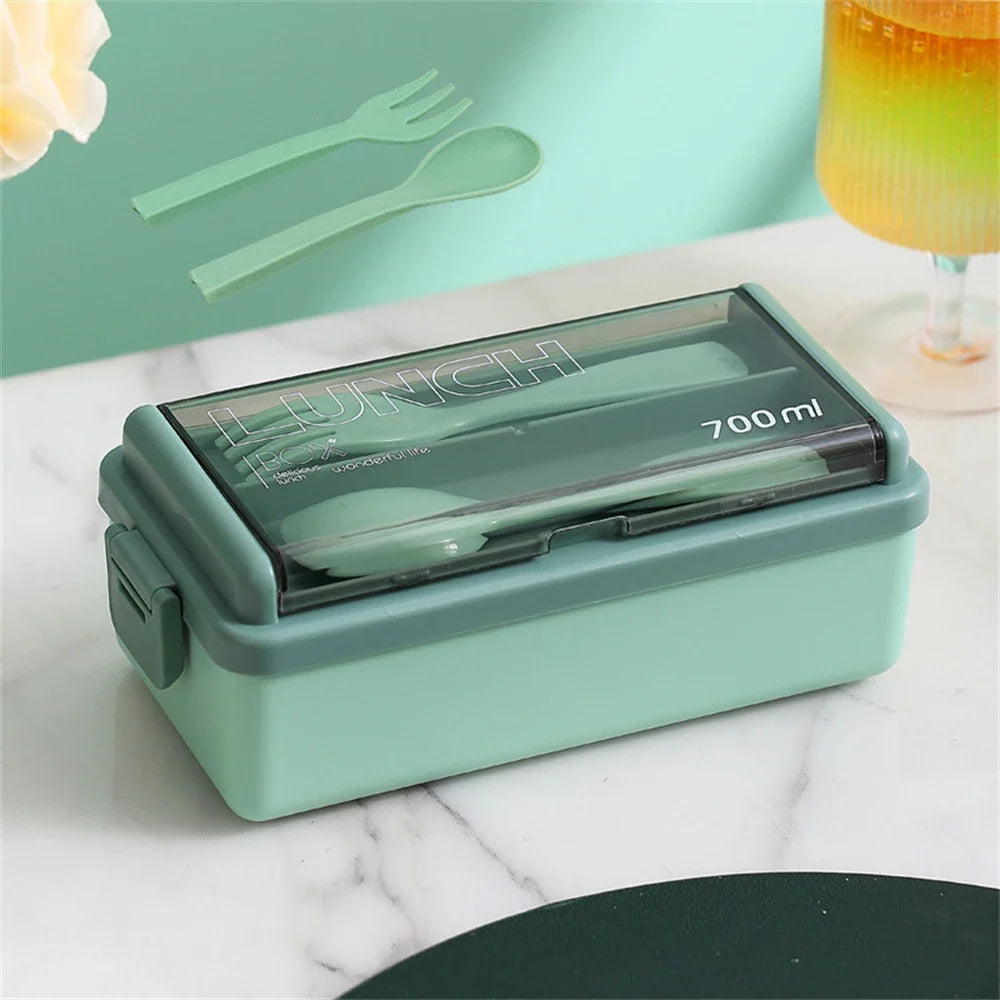 1400ml Double-Layer Bento Lunch Box with Fork & Spoon – Portable, Microwave-Safe Food Container for Kids & Adults
