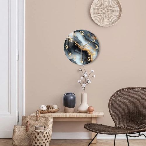 Elegant Blue & Gold Marble Wall Clock | Silent Wooden Design