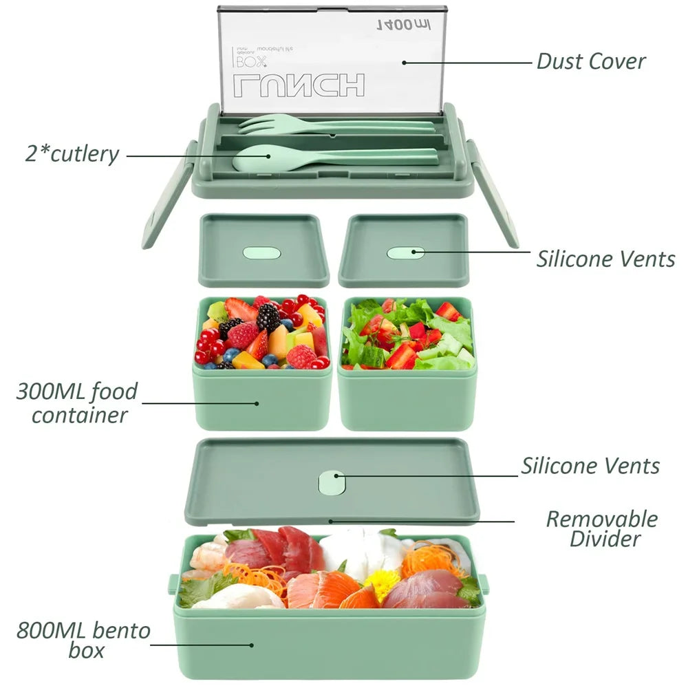 1400ml Double-Layer Bento Lunch Box with Fork & Spoon – Portable, Microwave-Safe Food Container for Kids & Adults