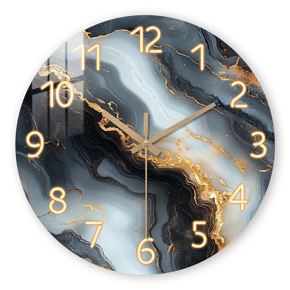 Elegant Blue & Gold Marble Wall Clock | Silent Wooden Design