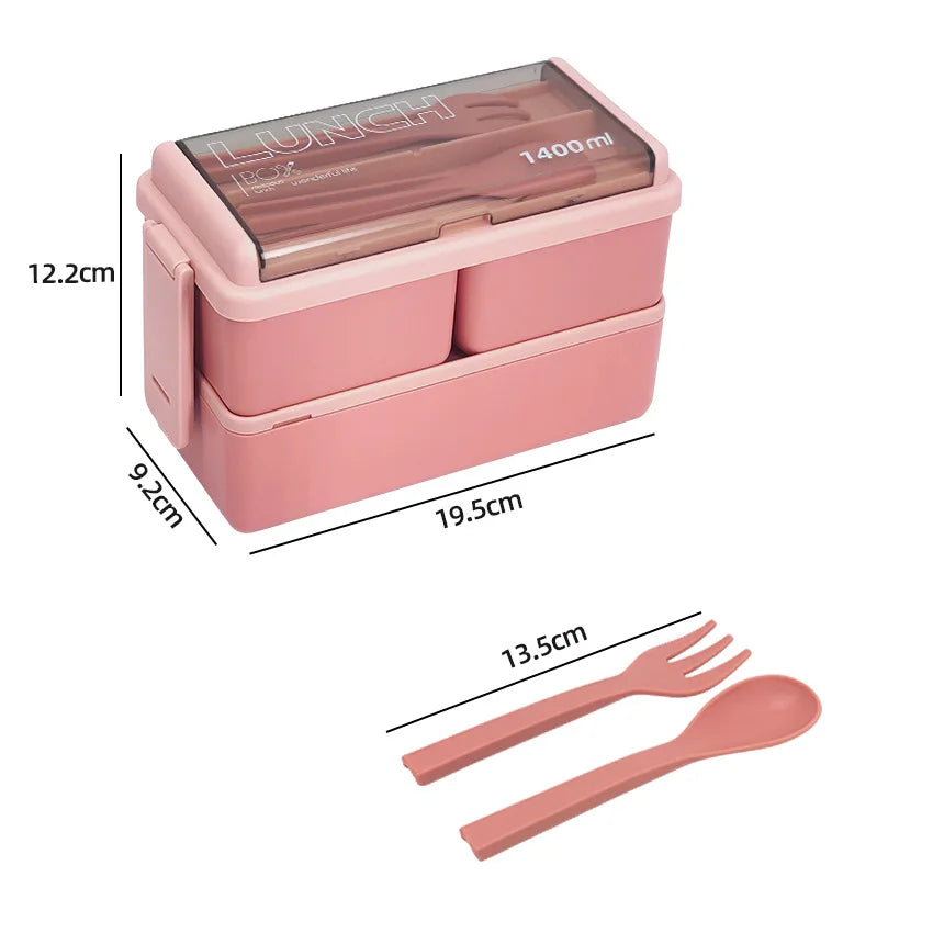 1400ml Double-Layer Bento Lunch Box with Fork & Spoon – Portable, Microwave-Safe Food Container for Kids & Adults
