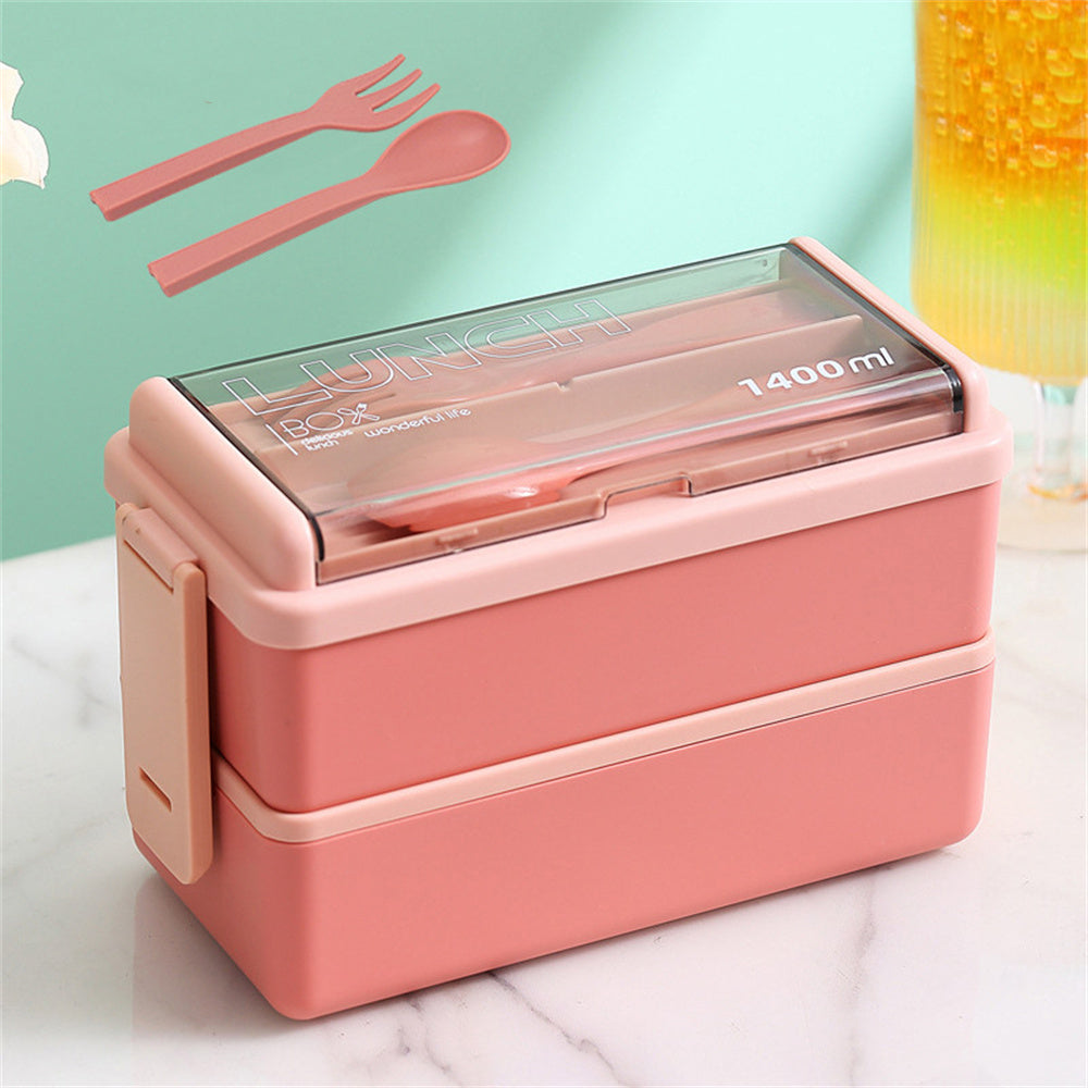 1400ml Double-Layer Bento Lunch Box with Fork & Spoon – Portable, Microwave-Safe Food Container for Kids & Adults