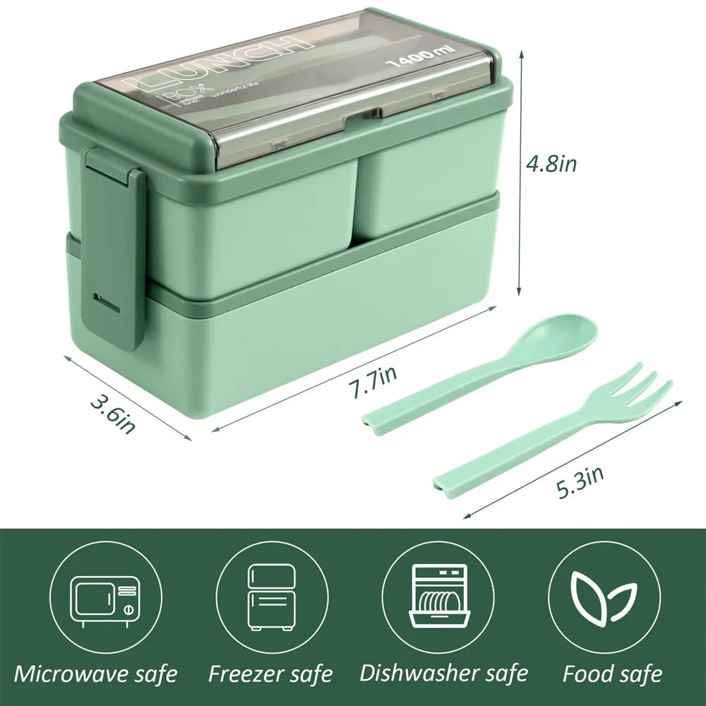 1400ml Double-Layer Bento Lunch Box with Fork & Spoon – Portable, Microwave-Safe Food Container for Kids & Adults