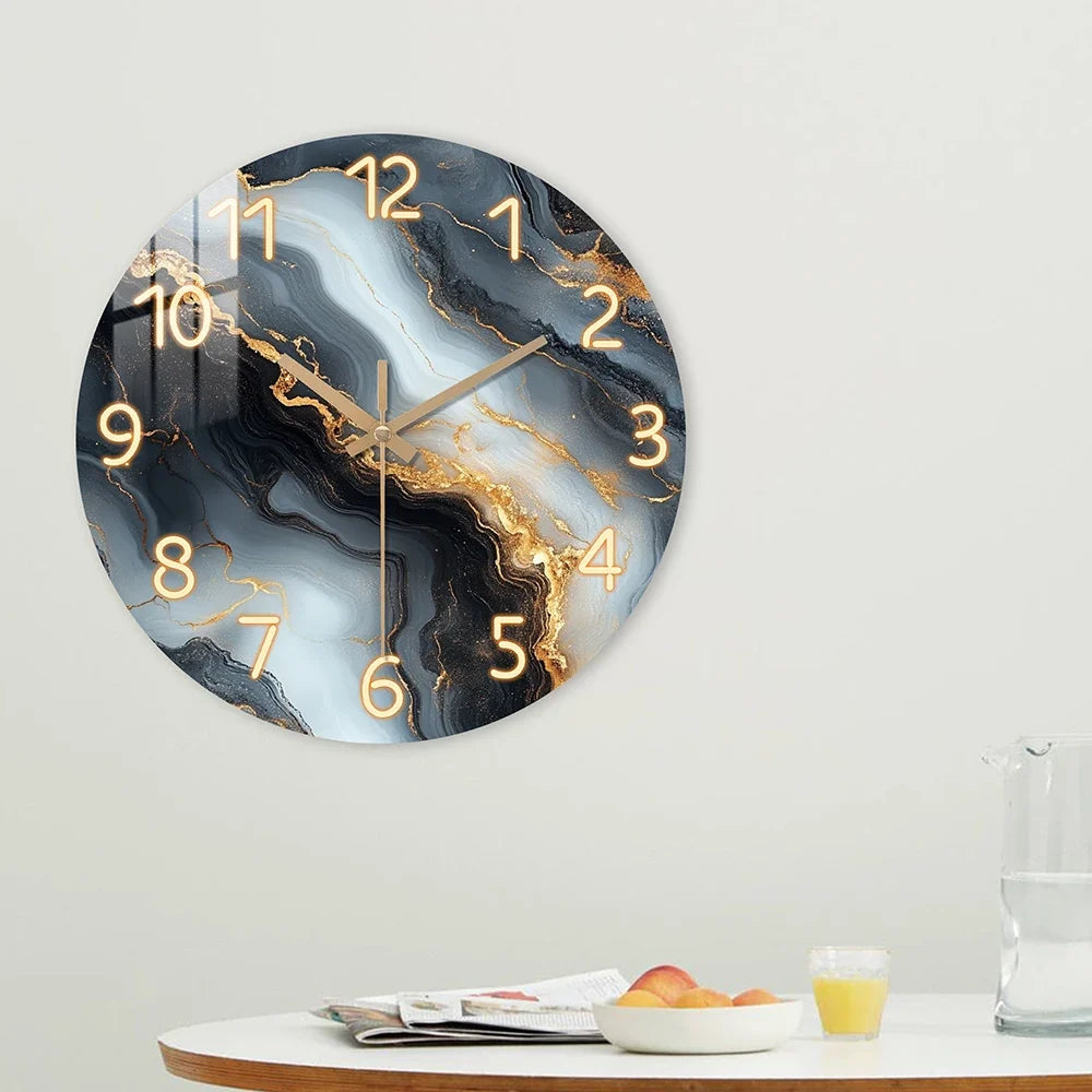 Elegant Blue & Gold Marble Wall Clock | Silent Wooden Design