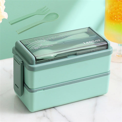 1400ml Double-Layer Bento Lunch Box with Fork & Spoon – Portable, Microwave-Safe Food Container for Kids & Adults