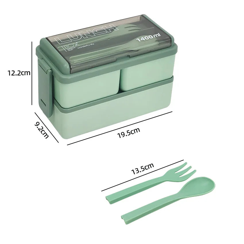 1400ml Double-Layer Bento Lunch Box with Fork & Spoon – Portable, Microwave-Safe Food Container for Kids & Adults