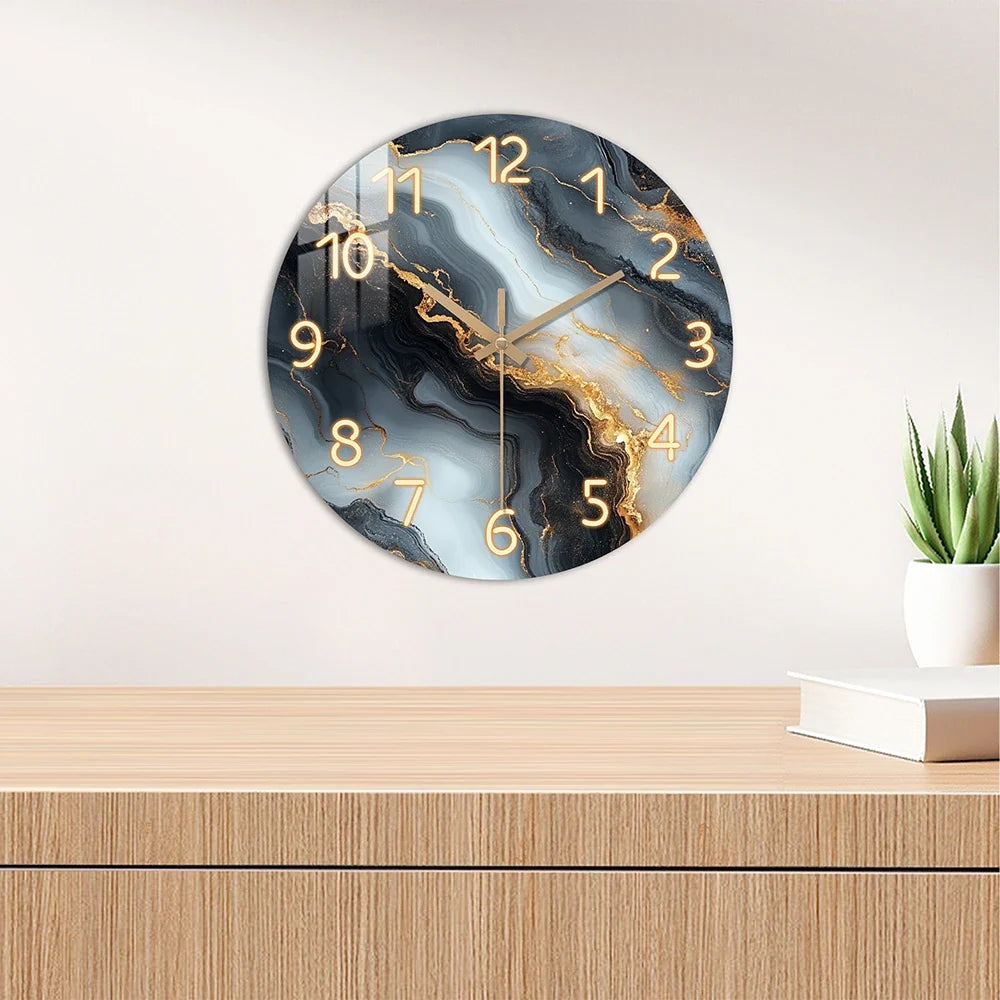 Elegant Blue & Gold Marble Wall Clock | Silent Wooden Design