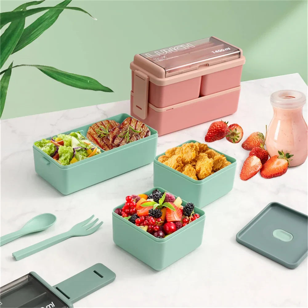 1400ml Double-Layer Bento Lunch Box with Fork & Spoon – Portable, Microwave-Safe Food Container for Kids & Adults