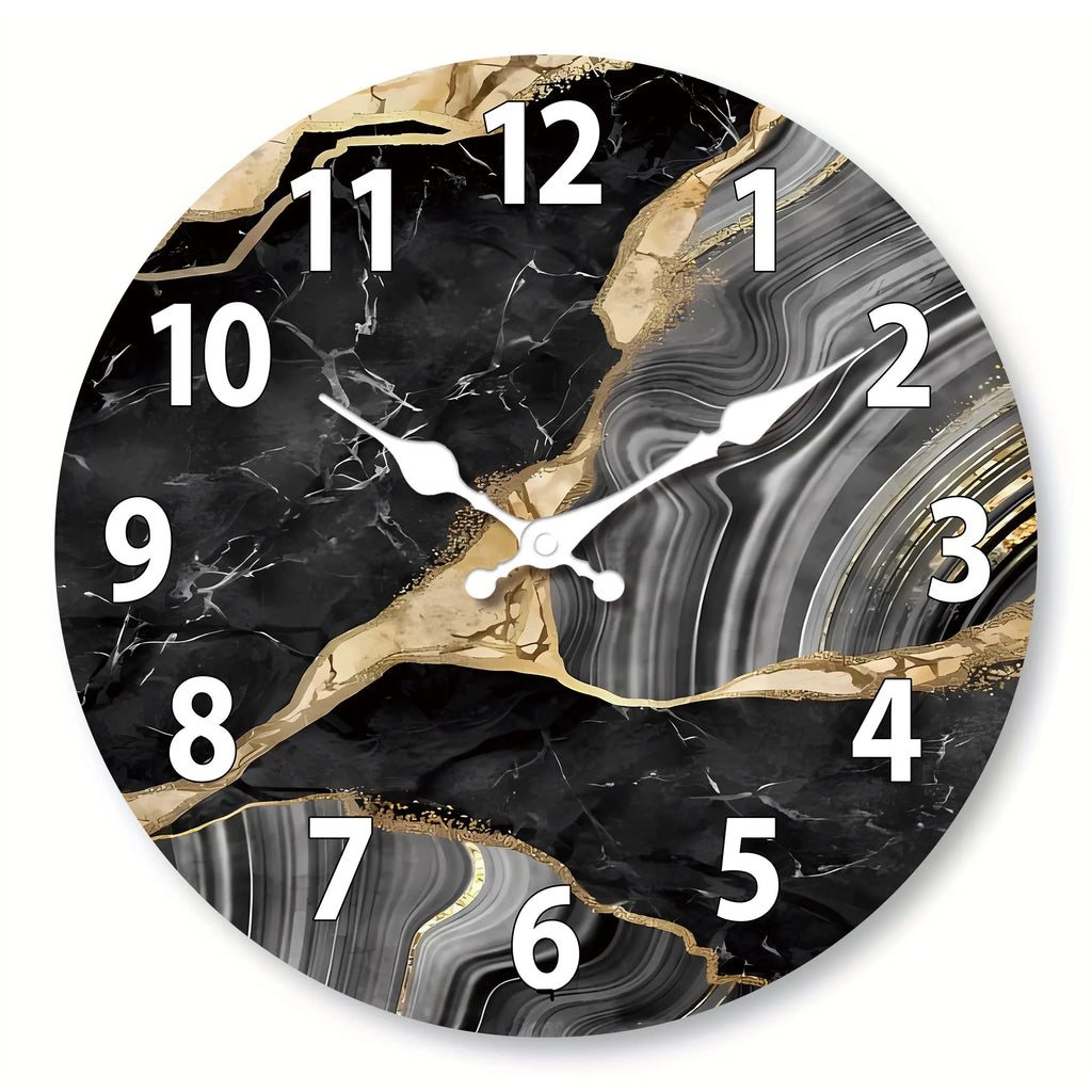MarbellaTime Modern Round Wooden Wall Clock – Silent Marble-Inspired Design