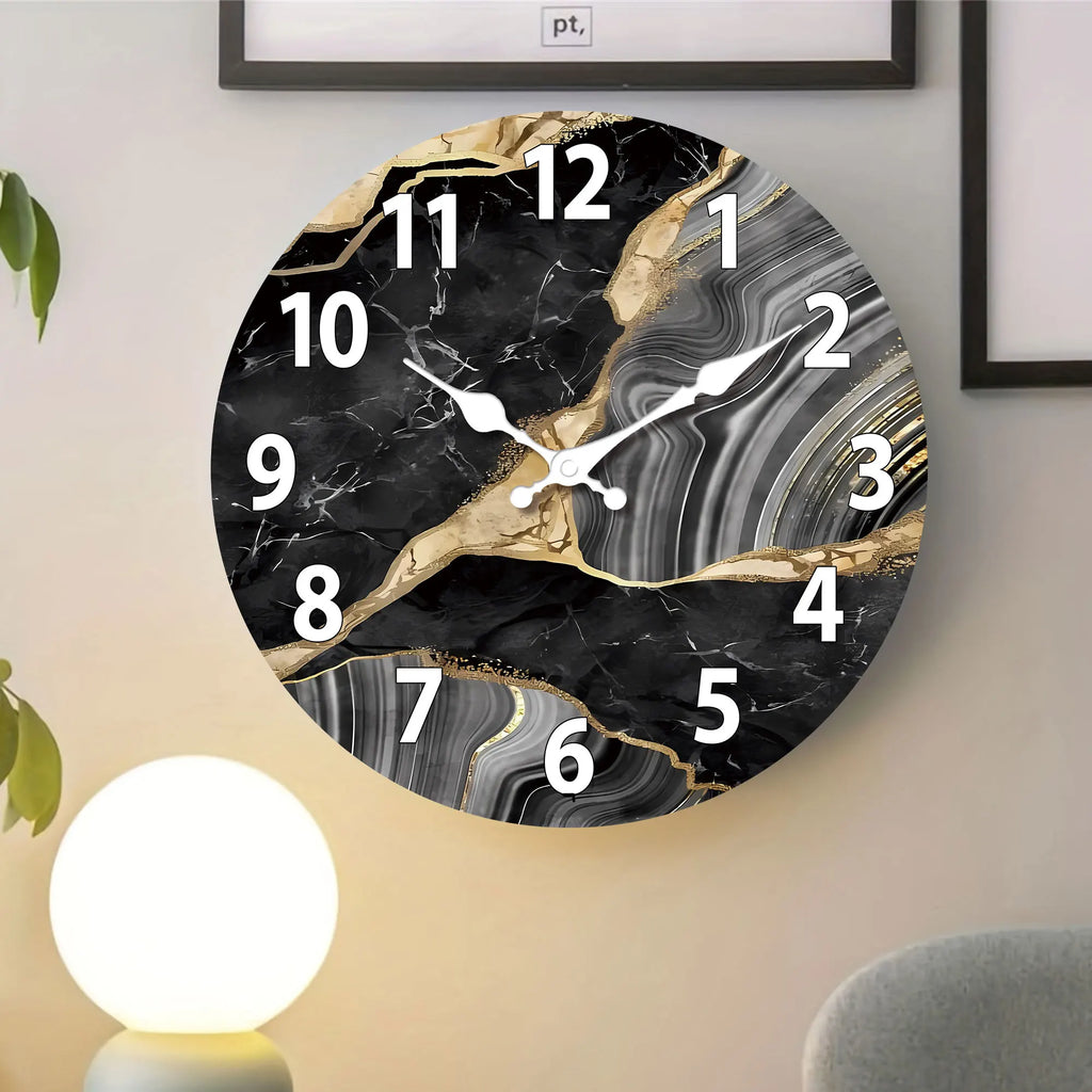 MarbellaTime Modern Round Wooden Wall Clock – Silent Marble-Inspired Design