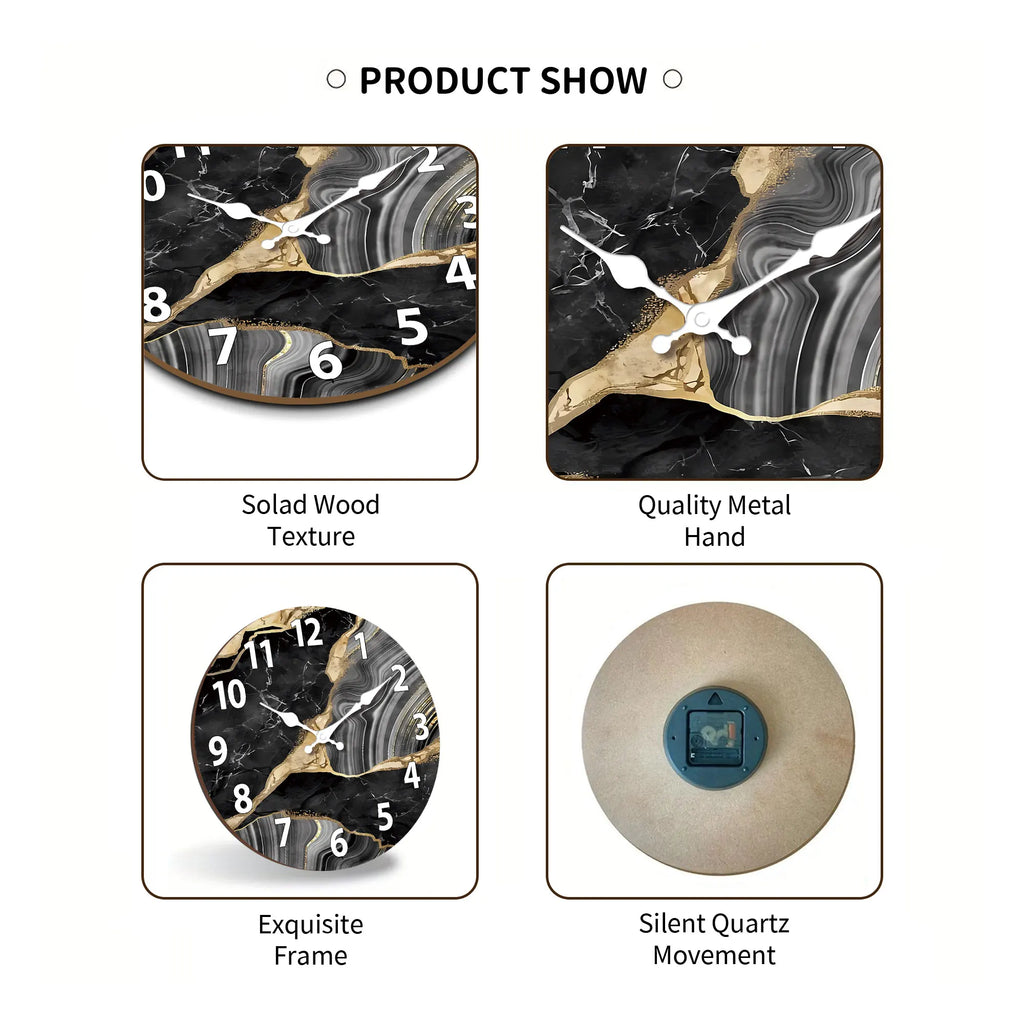 MarbellaTime Modern Round Wooden Wall Clock – Silent Marble-Inspired Design