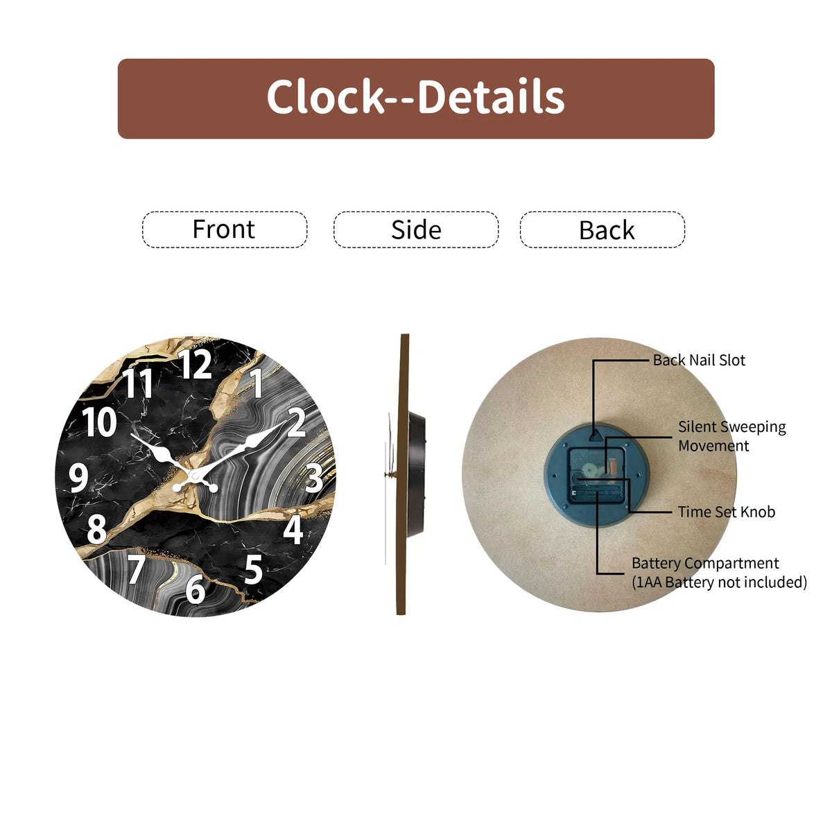 MarbellaTime Modern Round Wooden Wall Clock – Silent Marble-Inspired Design