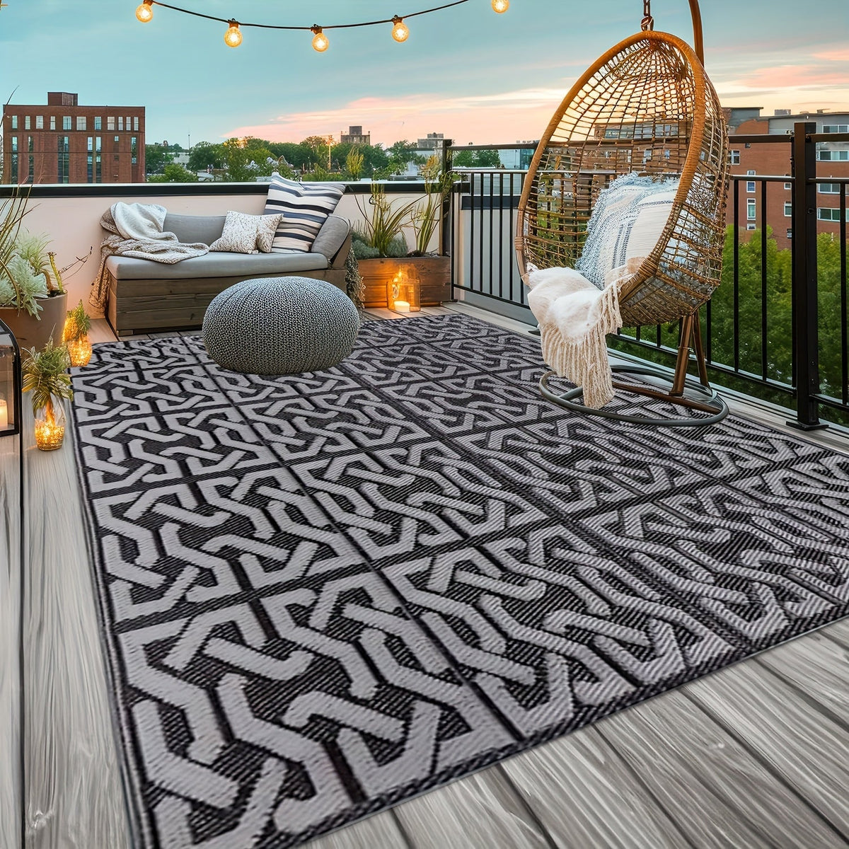 Reversible Black & Grey Modern Outdoor Patio Rug