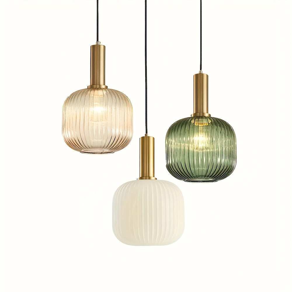 Modern Brass Striped Glass Pendant Light with Ribbed Shade