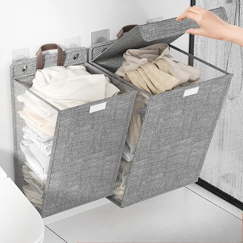 Wallora | Foldable Wall-Mounted Laundry Basket with Strong Adhesive | Space-Saving Clothes Hamper & Organiser